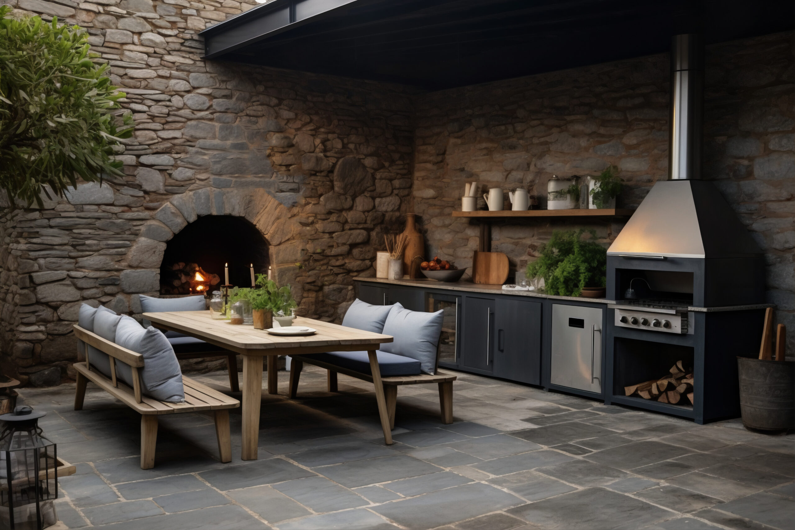 Rustic outdoor kitchen featuring a wooden dining table and benches, a stone wall, a fireplace, and modern cooking appliances, perfect for alfresco dining