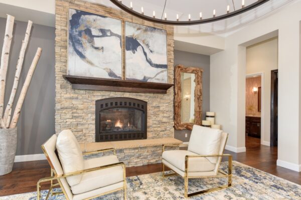 Alderwood walls samples and two chairs